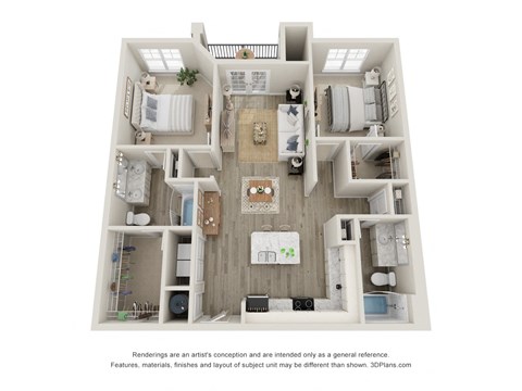 Floor plan for 2 beds, 2 baths, 1050 sqft
